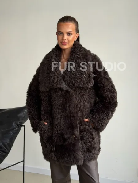 Дублёнка коричневая из овчины - тиградо - фото 10