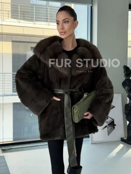 Норковое пончо шуба с капюшоном из меха куницы dark olive - фото 6