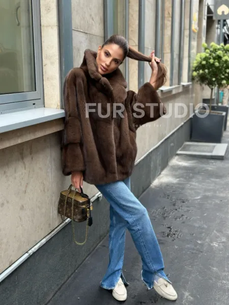 Норковый полушубок с английским воротником - цвет орех - фото 16