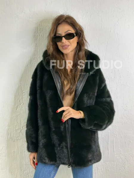 Короткая норковая шуба на молнии - цвет темный изумруд - фото 5