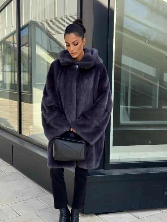 Норковая шуба с капюшоном,  роспуск - темный графит - фото 9