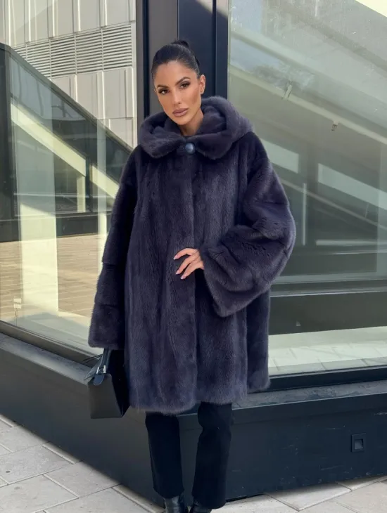 Норковая шуба с капюшоном,  роспуск - темный графит - фото 7