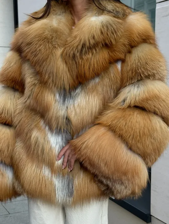 Шуба из меха рыжей лисы в натуральном цвете, паркетной раскладке - фото 1