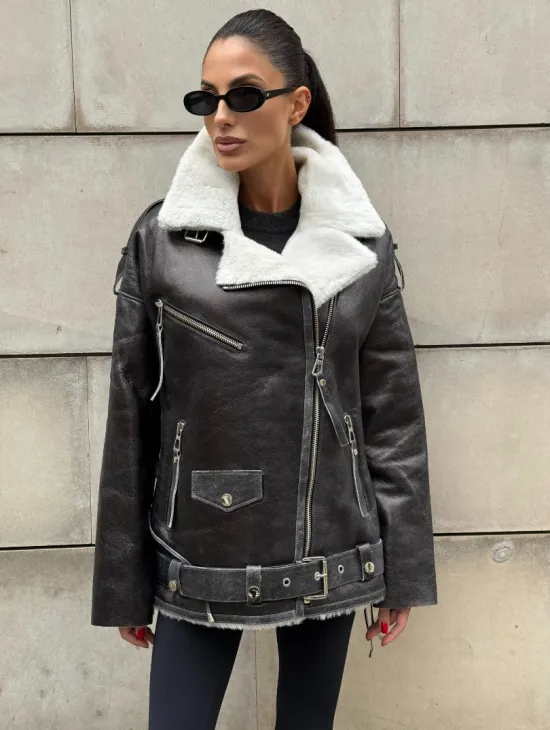 Дубленка-авиатор из натуральной овчины Dark Grey Vintage, со шнуровкой по боковому шву - фото 0