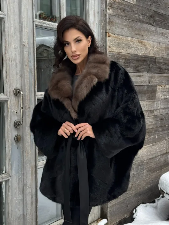 Черная шуба из норки с английским воротником из куницы - фото 11
