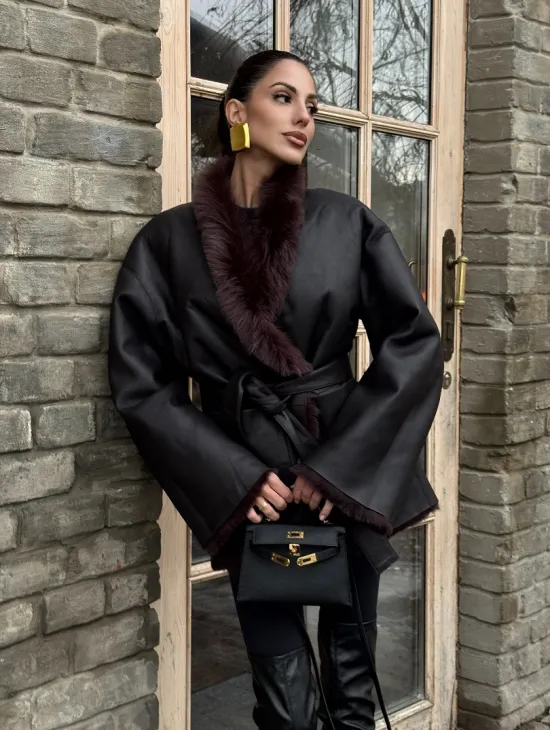 Двухсторонняя женская дубленка из итальянской тосканы Brown - фото 13