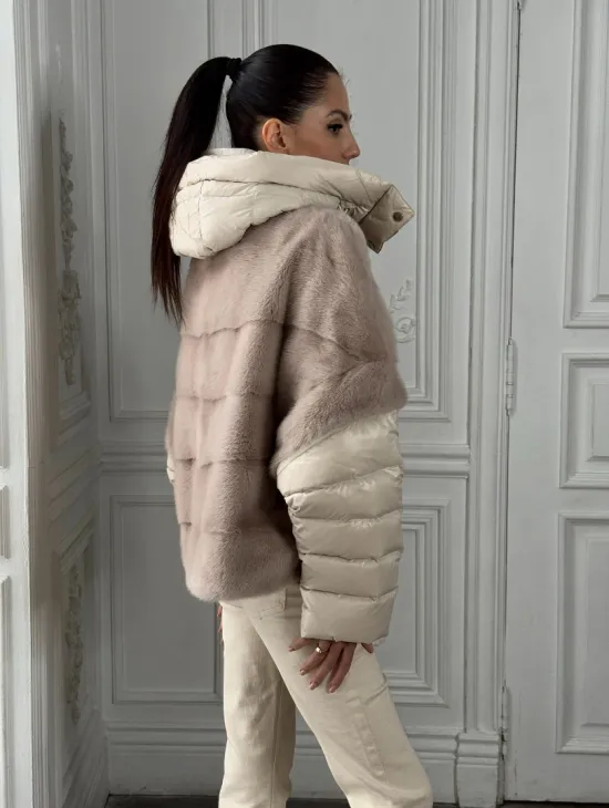 Норковый женский полушубок-жилет 2в1 в цвете «Нюд» - фото 2
