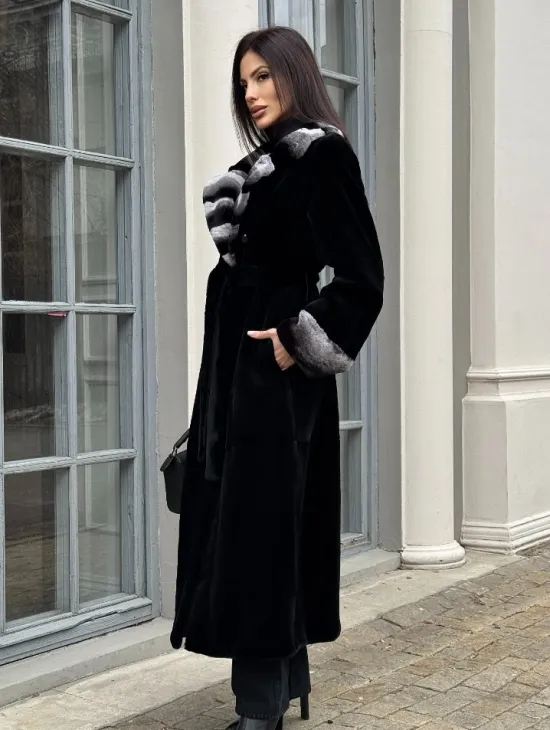 Шуба из стриженой норки с отделкой под шиншиллу - фото 3