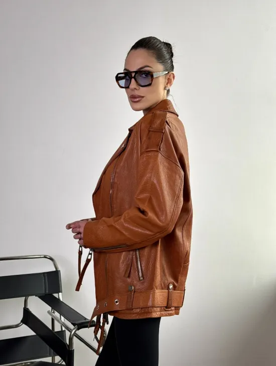 Удлиненная косуха «Прямой Оверсайз» из натуральной кожи whiskey - фото 7