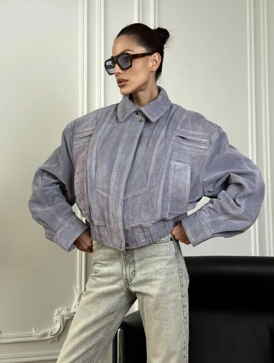 Бомбер - куртка весенняя оверсайз из натуральной кожи (замши) Grey blue - фото 4