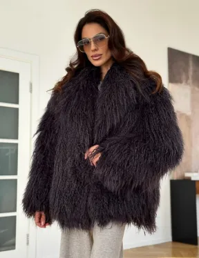 Полушубок из меха ламы в цвете графит - фото 4