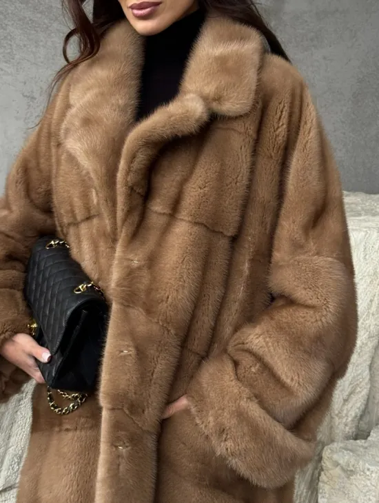 Бежевая норковая шуба oversize - фото 1