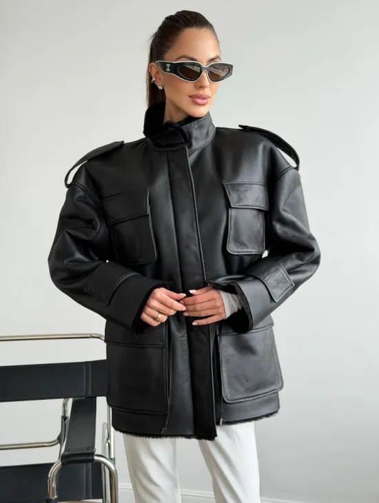 Черная куртка - дубленка из испанского мериноса - фото 0