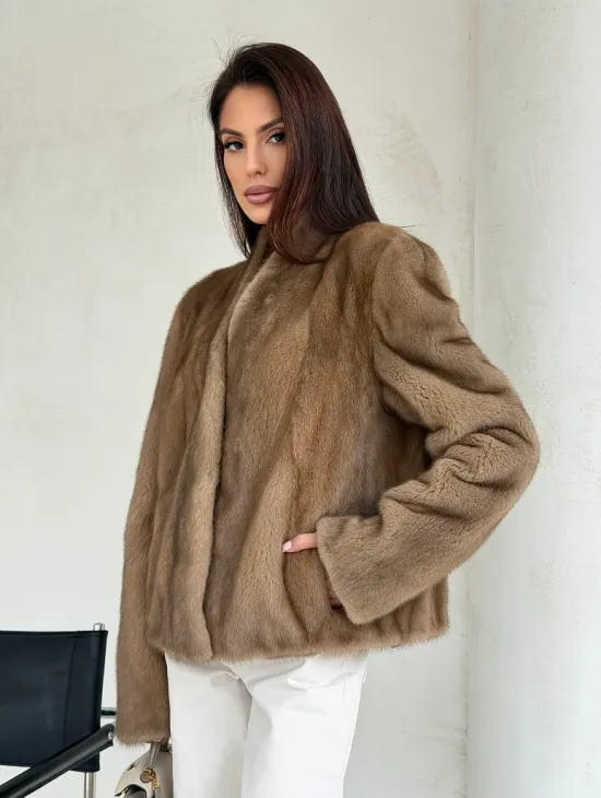 Укороченная шуба из натурального меха норки - пастель - фото 6