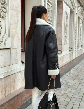 Дубленка авиатор длинная на белой овчине - фото 5