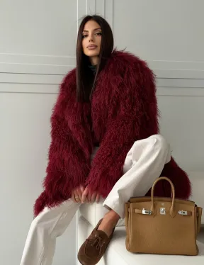 Шуба из ламы PREMIUM - бургунди - фото 12