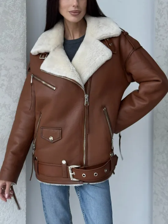 Дубленка авиатор из натуральной кожи в цвете виски - фото 6