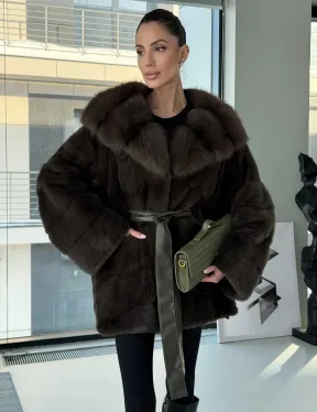 Норковое пончо шуба с капюшоном из меха куницы dark olive - фото 6