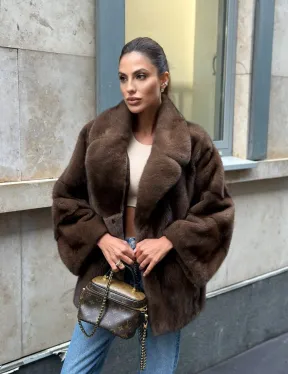 Норковый полушубок с английским воротником - цвет орех - фото 11