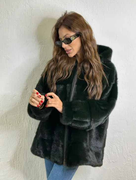 Короткая норковая шуба на молнии - цвет темный изумруд - фото 2