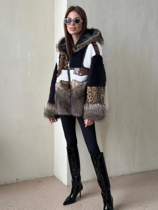 Комбинированная норковая куртка с капюшоном - фото 4