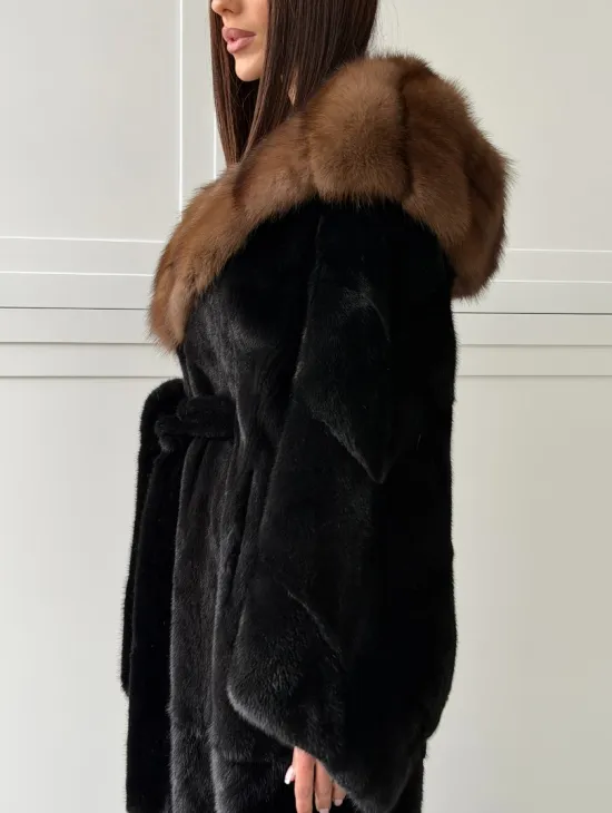Норковая шуба фасон баллон с капюшоном куница - фото 6