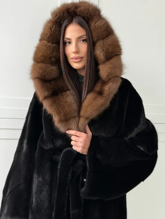 Норковая шуба фасон баллон с капюшоном куница - фото 7