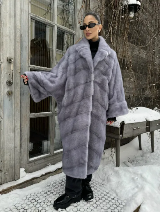 Шуба норковая в стиле Oversize - цвет серый сапфир - фото 1